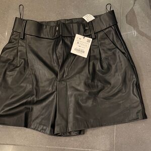 Zara Black Faux Leather High-Waist Pleated Shorts